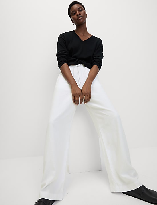 Linen Blend Wide Leg Trousers