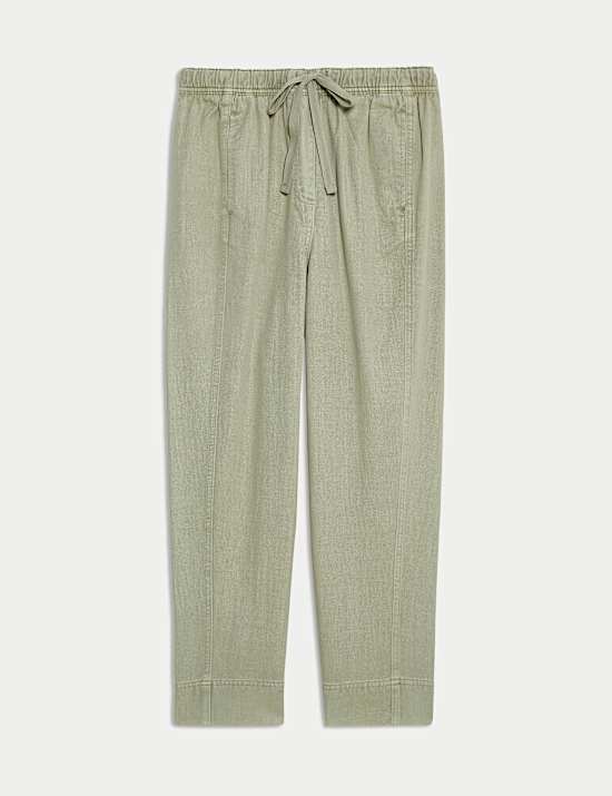 Garment-dyed kortere pull-on broek met trekkoord en toelopende pijpen