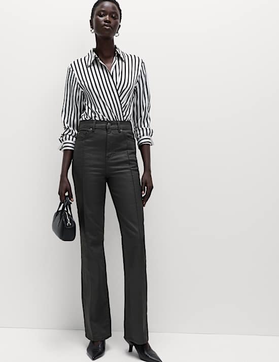 Coated Pintuck Slim Fit Flared Jeans