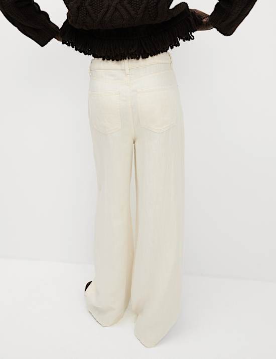 Linen Blend Denim Wide Leg Trousers