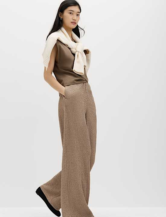 Textured Pull On Wide Leg Trousers