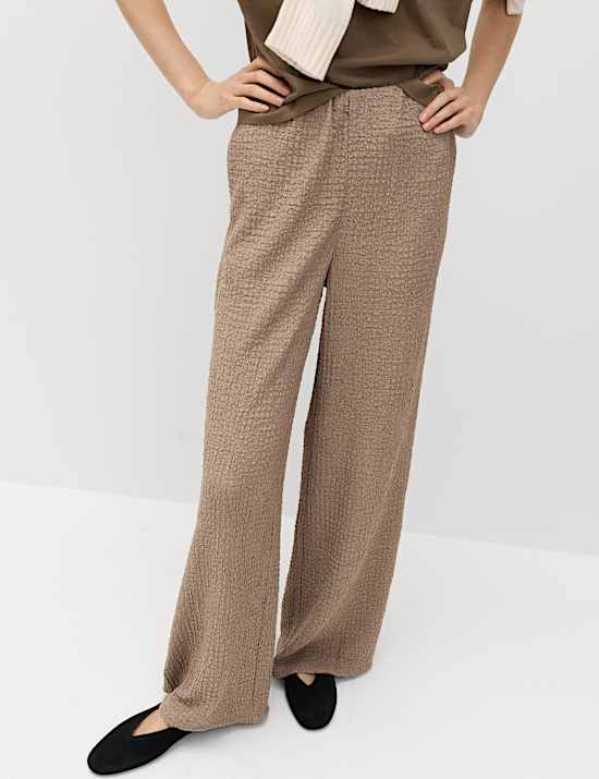 Textured Pull On Wide Leg Trousers
