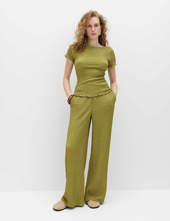 Textured Pull On Wide Leg Trousers