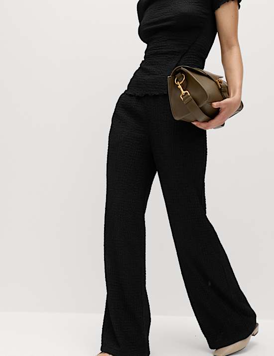 Textured Pull On Wide Leg Trousers