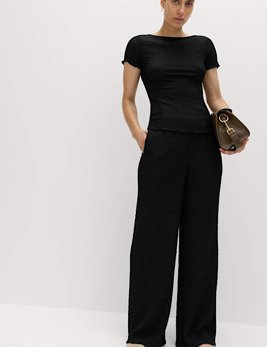 Textured Pull On Wide Leg Trousers