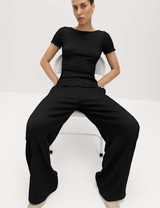 Textured Pull On Wide Leg Trousers