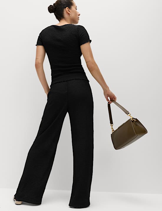 Textured Pull On Wide Leg Trousers
