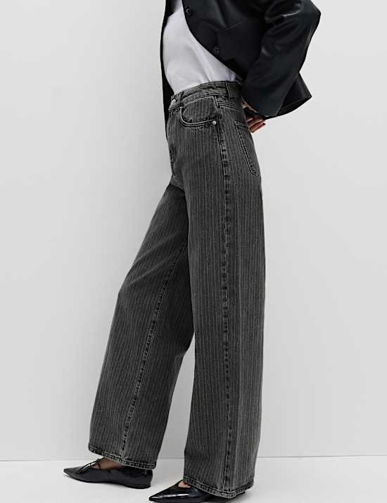 High Waisted Pinstripe Wide Leg Jeans