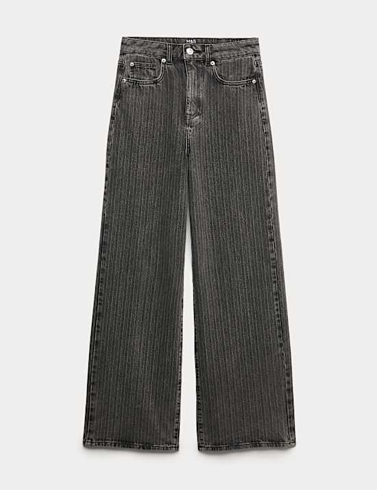 High Waisted Pinstripe Wide Leg Jeans
