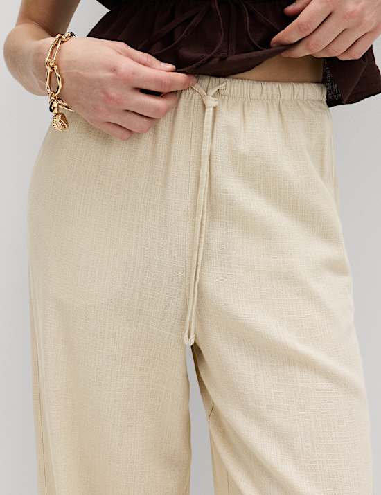 Drawstring Wide Leg Trousers with Linen