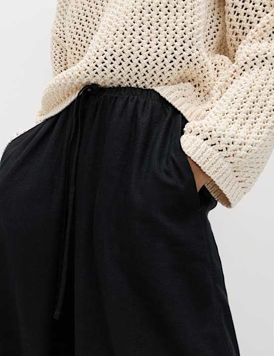 Drawstring Wide Leg Trousers with Linen