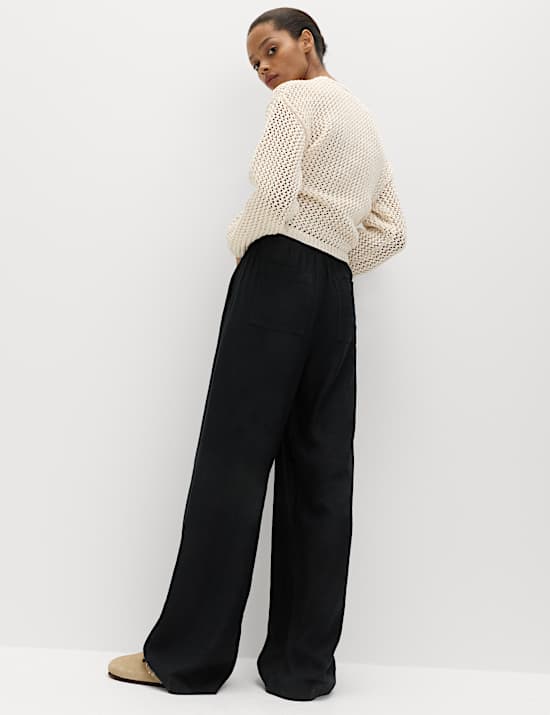 Drawstring Wide Leg Trousers with Linen
