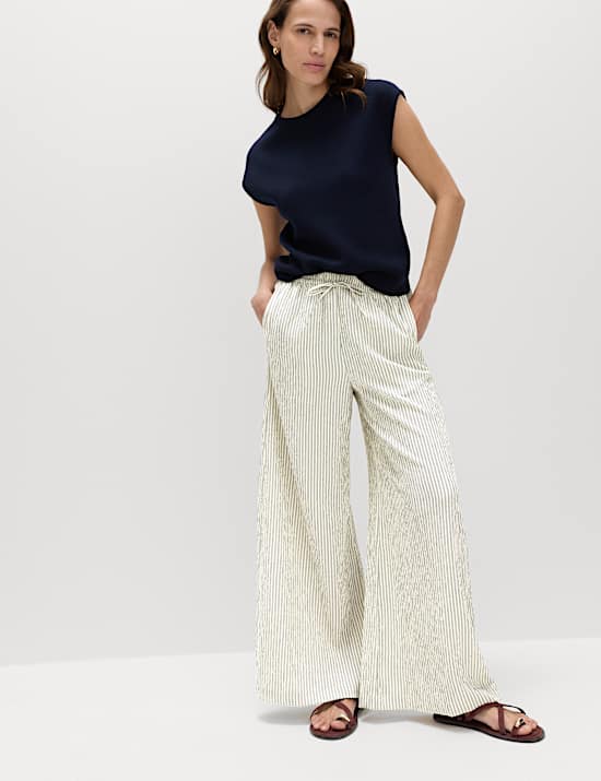 Seersucker Pull On Wide Leg Trousers