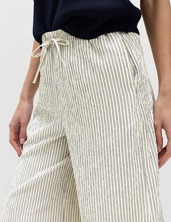 Seersucker Pull On Wide Leg Trousers