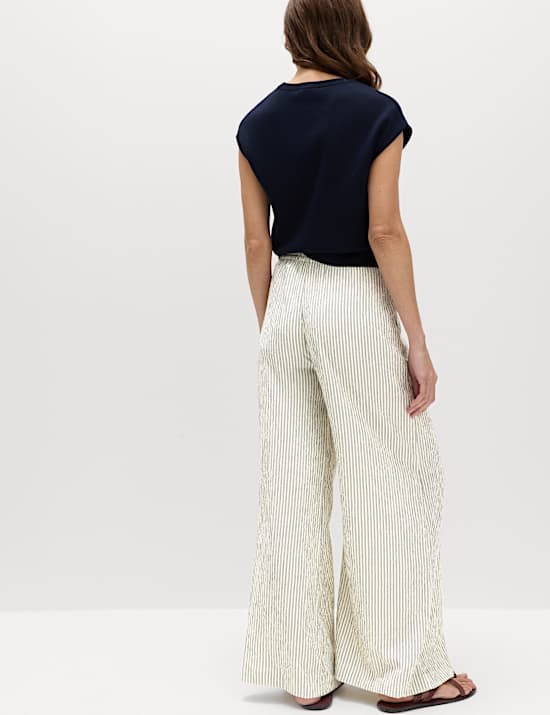 Seersucker Pull On Wide Leg Trousers