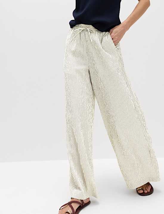 Seersucker Pull On Wide Leg Trousers