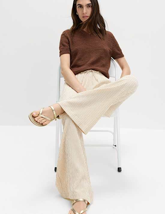 Seersucker Pull On Wide Leg Trousers