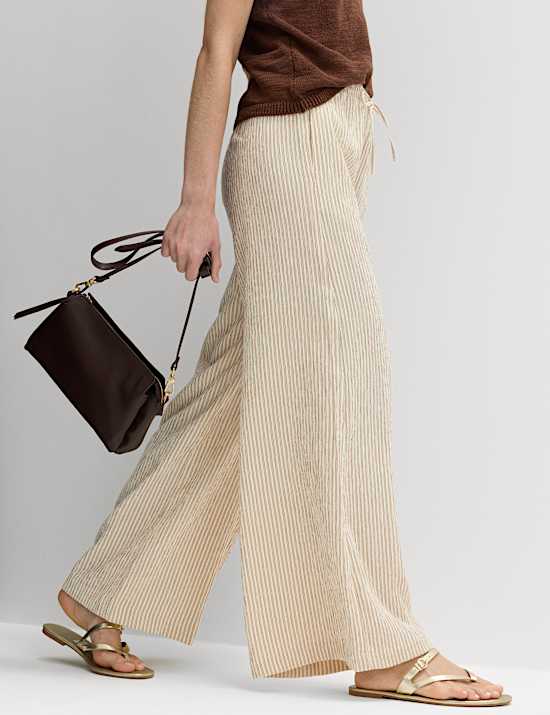 Seersucker Pull On Wide Leg Trousers