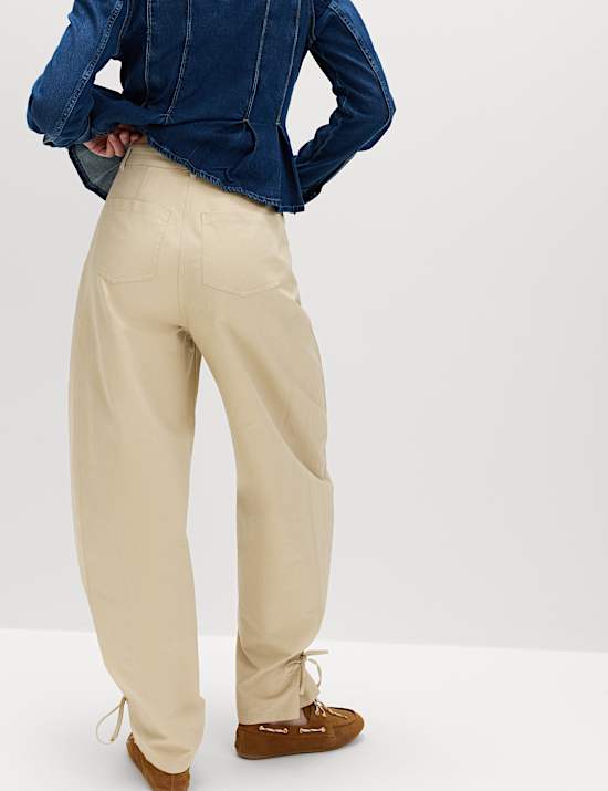 Cotton Rich Tie Hem Barrel Leg Trousers