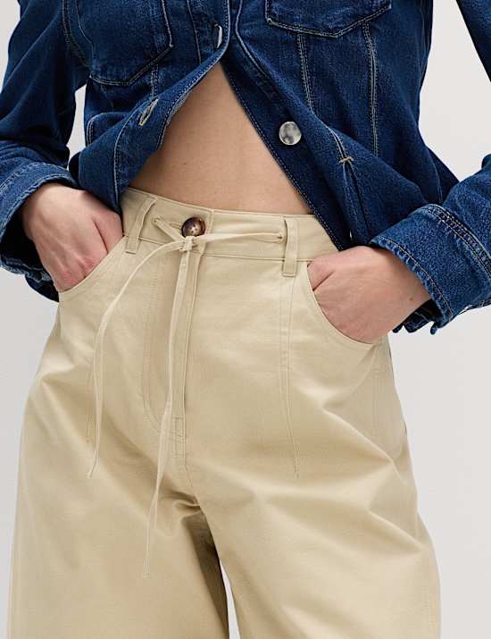 Cotton Rich Tie Hem Barrel Leg Trousers