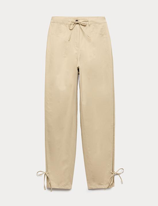 Cotton Rich Tie Hem Barrel Leg Trousers