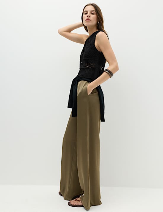 Satin Drawstring Wide Leg Trousers