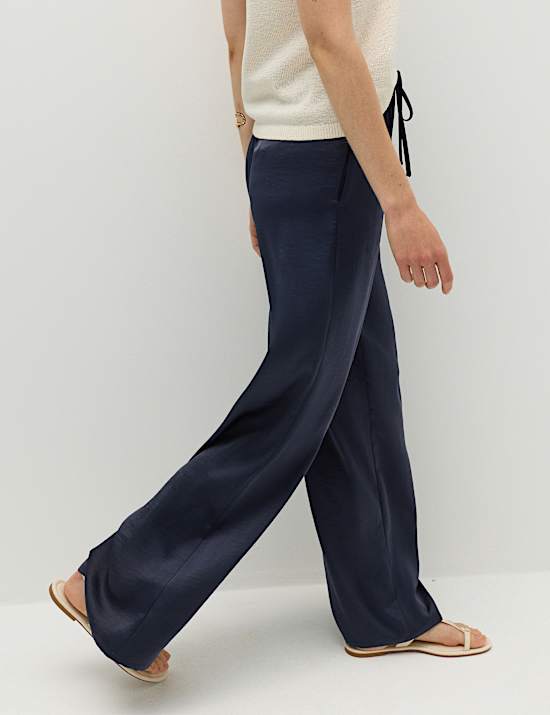 Satin Drawstring Wide Leg Trousers