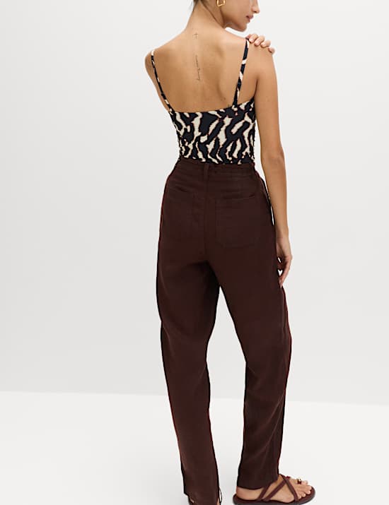 Pure Linen Pleat Front Belted Tapered Trousers