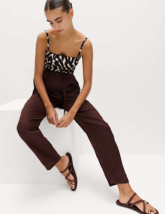 Pure Linen Pleat Front Belted Tapered Trousers