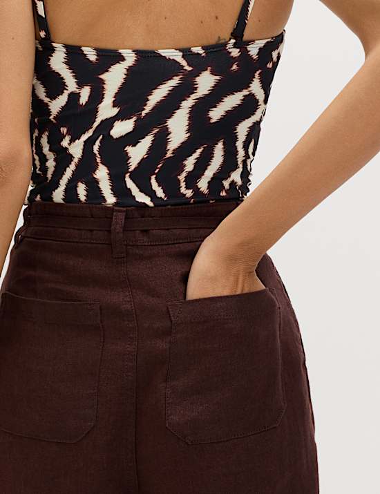 Pure Linen Pleat Front Belted Tapered Trousers