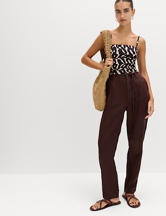 Pure Linen Pleat Front Belted Tapered Trousers