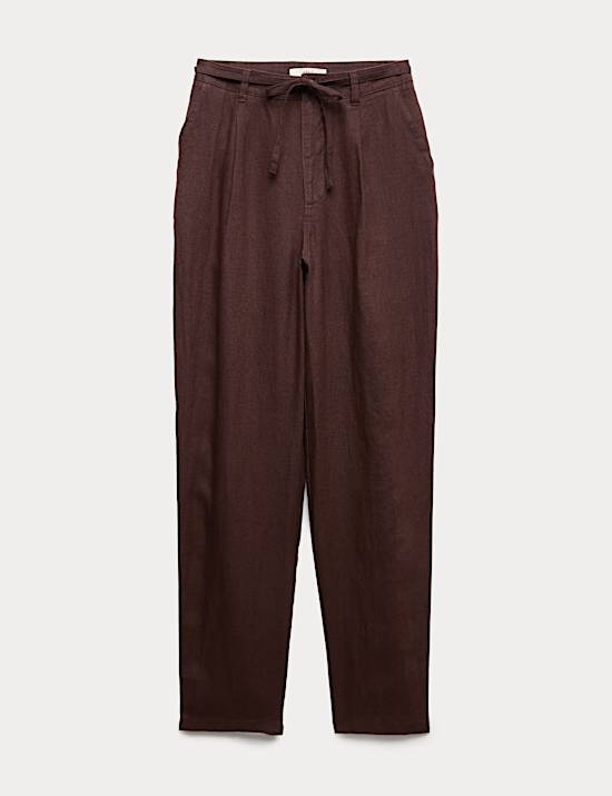 Pure Linen Pleat Front Belted Tapered Trousers