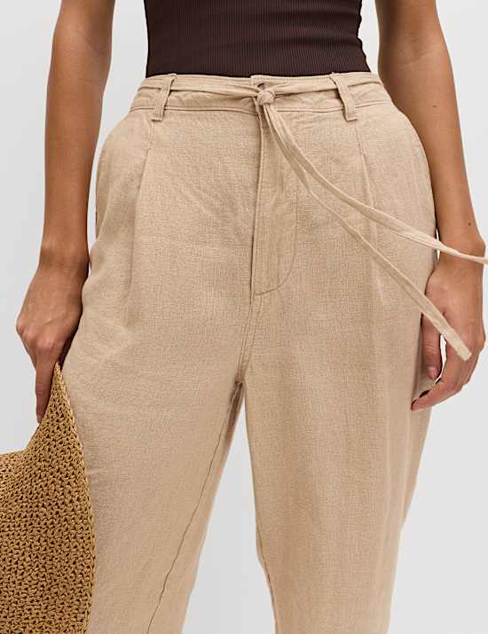 Pure Linen Pleat Front Belted Tapered Trousers