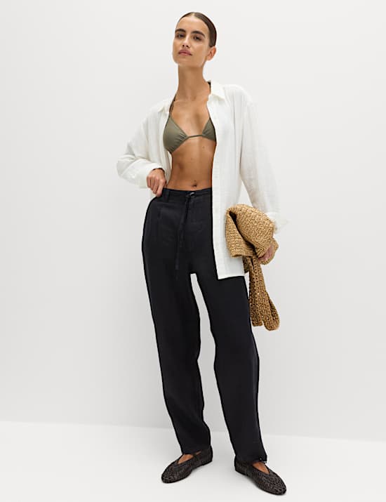 Pure Linen Pleat Front Belted Tapered Trousers
