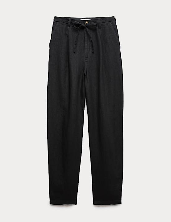 Pure Linen Pleat Front Belted Tapered Trousers