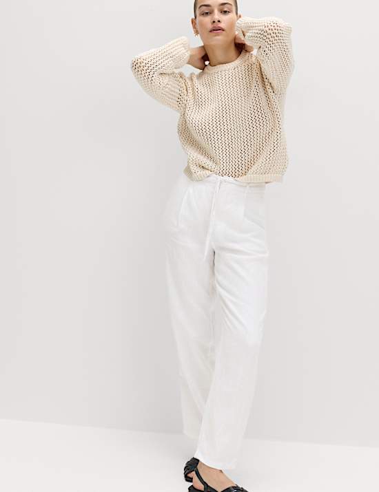 Pure Linen Pleat Front Belted Tapered Trousers
