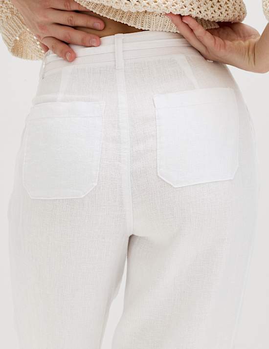 Pure Linen Pleat Front Belted Tapered Trousers
