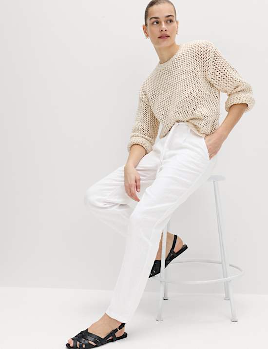 Pure Linen Pleat Front Belted Tapered Trousers