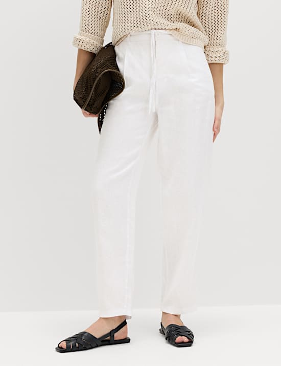 Pure Linen Pleat Front Belted Tapered Trousers