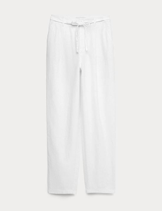 Pure Linen Pleat Front Belted Tapered Trousers