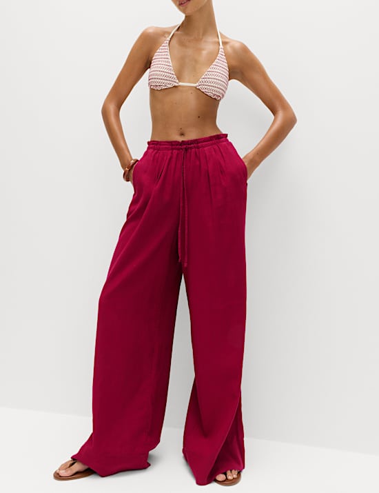 Linen Rich Drawstring Wide Leg Trousers