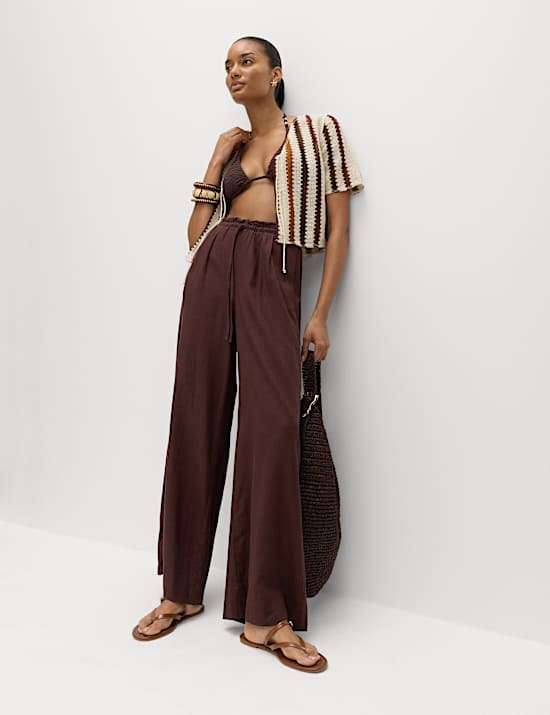 Linen Rich Drawstring Wide Leg Trousers