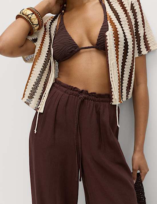 Linen Rich Drawstring Wide Leg Trousers