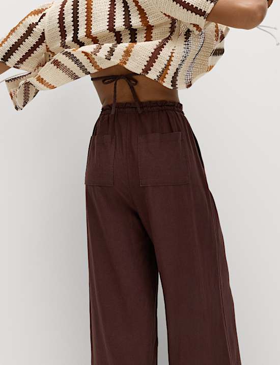 Linen Rich Drawstring Wide Leg Trousers