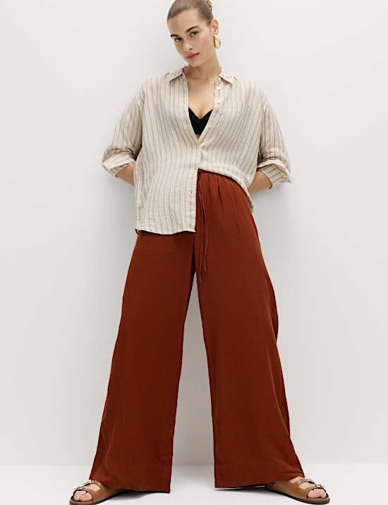 Linen Rich Drawstring Wide Leg Trousers