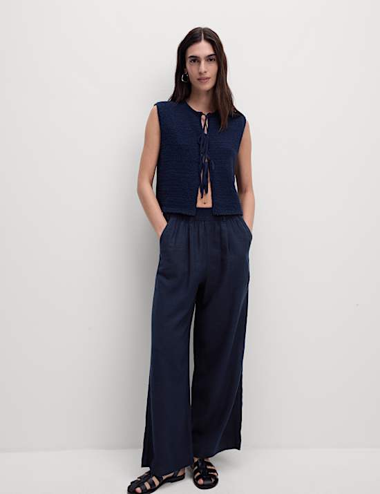 Linen Rich Wide Leg Cropped Trousers