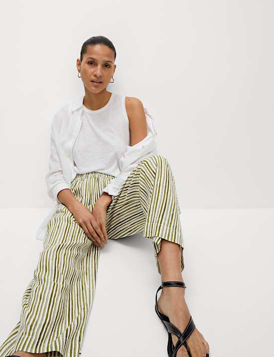 Linen Rich Wide Leg Cropped Trousers