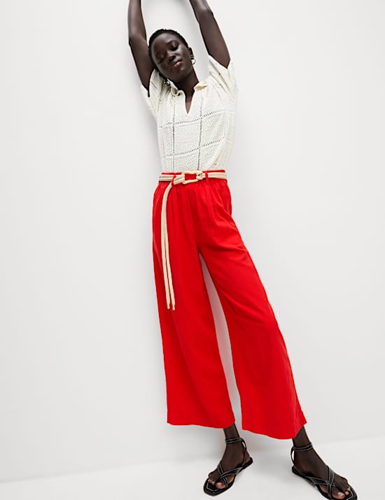 Linen Rich Wide Leg Cropped Trousers