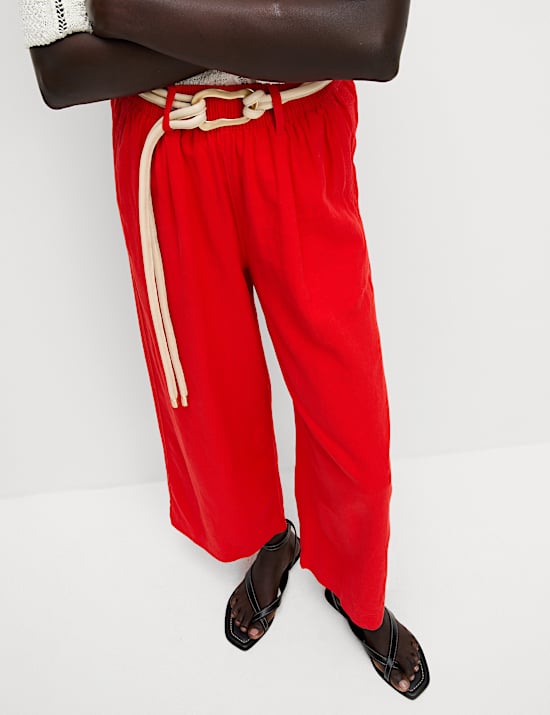 Linen Rich Wide Leg Cropped Trousers