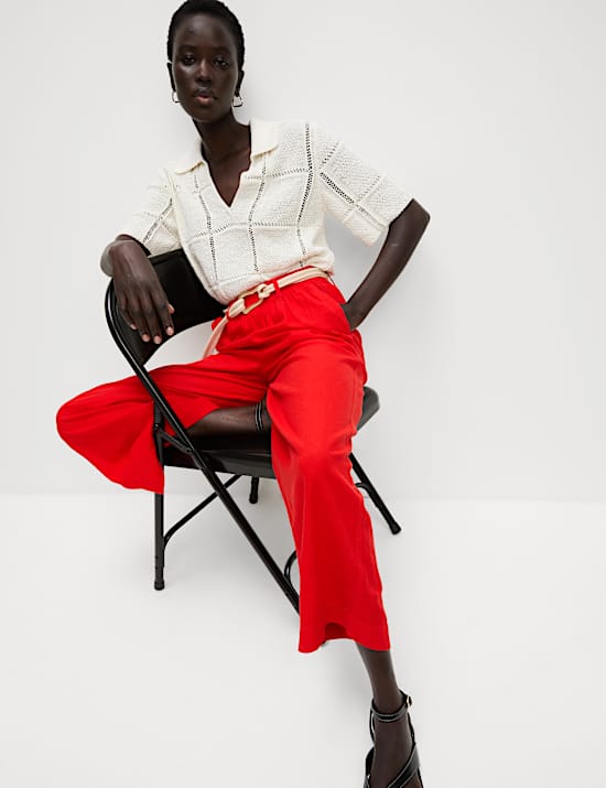 Linen Rich Wide Leg Cropped Trousers